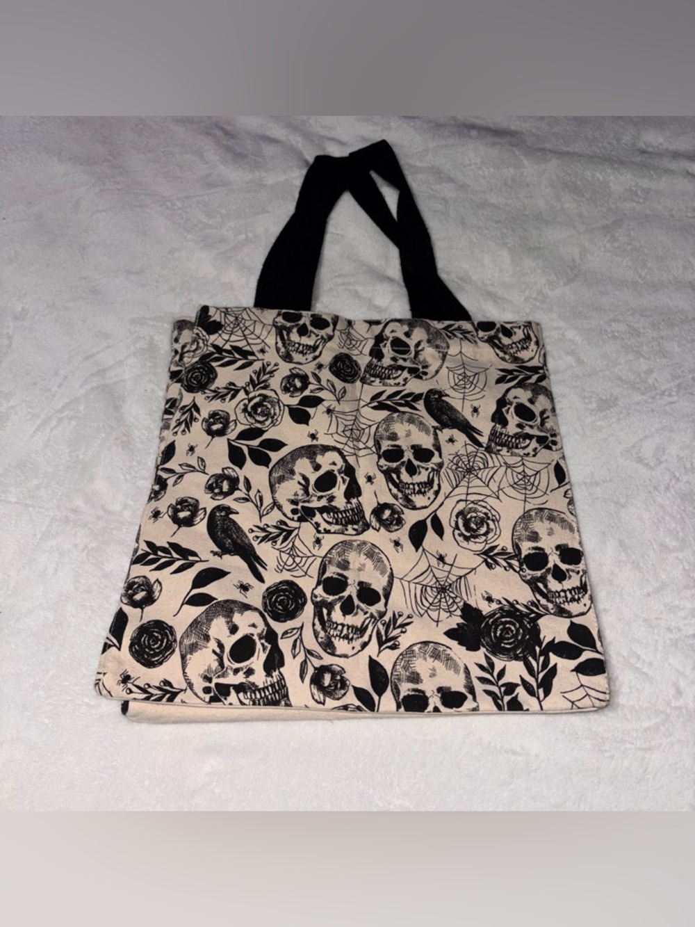 Skulls, Ravens and Roses Ivory and Black Canvas Tote Bag